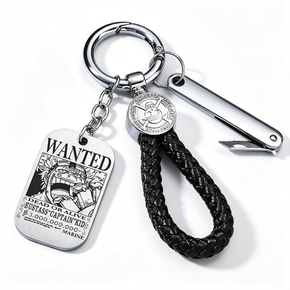 One Piece Monkey D Luffy Anime Wanted Poster Dog Tag Keychain, Stainless Steel Engraved Pendant Key Ring With Braided Rope Mini Knife Collectible Gift Box Key Accessory