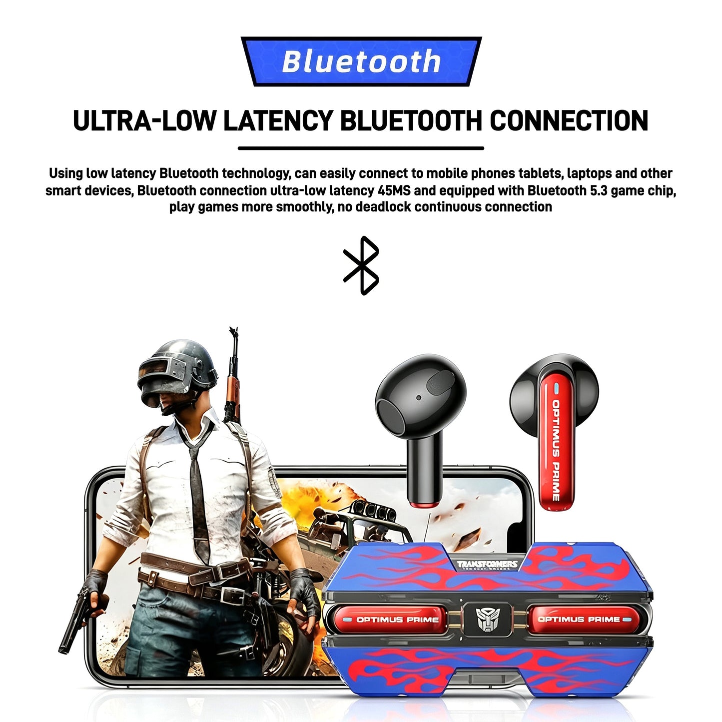 Transformers Optimus Prime Bumblebee Shockwave TWS Gaming Wireless Bluetooth 5.3 Earbuds, 45ms Ultra Low Latency Game Headphones 13mm Driver Stereo Earphones Long Battery Life Type-C Fast Charging Earbuds For Gamers Anime Fans