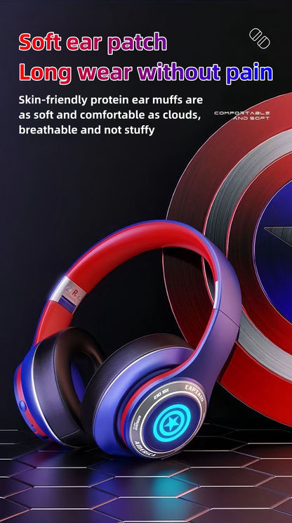 Marvel Iron Man Captain America Over‑Ear Bluetooth Headphones, RGB LED Light Gaming Headset, Bluetooth 5.3, 60MS Low Latency, 40MM Driver, Foldable Wireless Wired Mode Headphones for Game Music