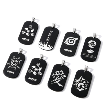 Naruto Anime Characters Double Sided Engraved Dog Tag Necklace, Stainless Steel Black Pendant Chain Necklace, Classic Naruto Shippuden Symbol Jewelry Gifts For Men Teens Anime Fans Cosplay Accessories