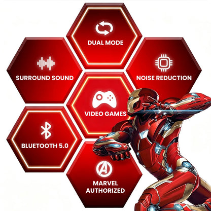 Marvel Spider-Man Iron Man TWS Gaming Bluetooth Earbuds, Low Latency Dual Mode Noise Cancelling Wireless Headphones with RGB Light Charging Case