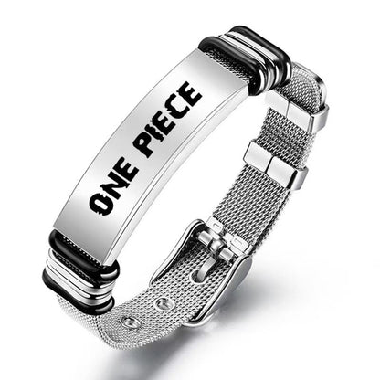 One Piece Monkey D Luffy Roronoa Zoro Engraved Wanted Poster Stainless Steel Mesh Bracelet, Adjustable Anime Wrist Band Jewelry Gift