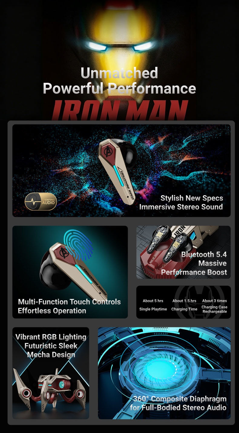 Marvel Avengers Iron Man Wireless Bluetooth 5.4 Headphones, Mecha‑Style TWS Gaming Earbuds With RGB Light, ENC Noise Cancelling, Low Latency Dual Mode Stereo Earphones For Sport Gaming Music
