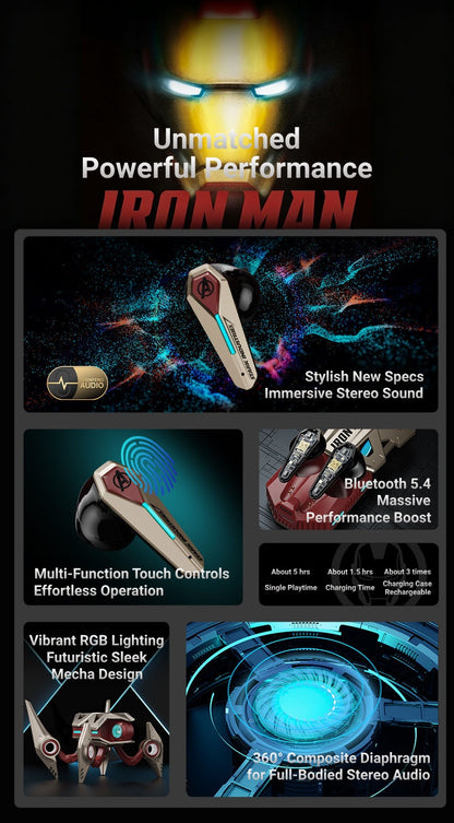 Marvel Avengers Iron Man Wireless Bluetooth 5.4 Headphones, Mecha‑Style TWS Gaming Earbuds With RGB Light, ENC Noise Cancelling, Low Latency Dual Mode Stereo Earphones For Sport Gaming Music