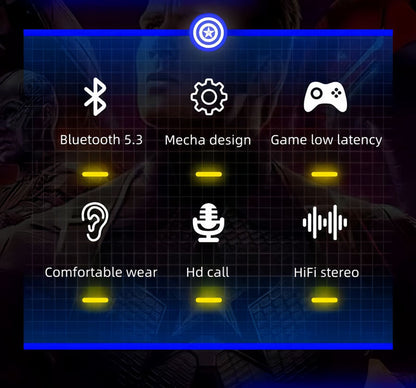 Marvel Iron Man Captain America TWS Wireless Bluetooth 5.3 Earbuds, Mecha Style Protective Charging Case, Low Latency Gaming Semi‑in‑Ear Headset with HiFi Stereo Sound For Anime Fans Daily Use