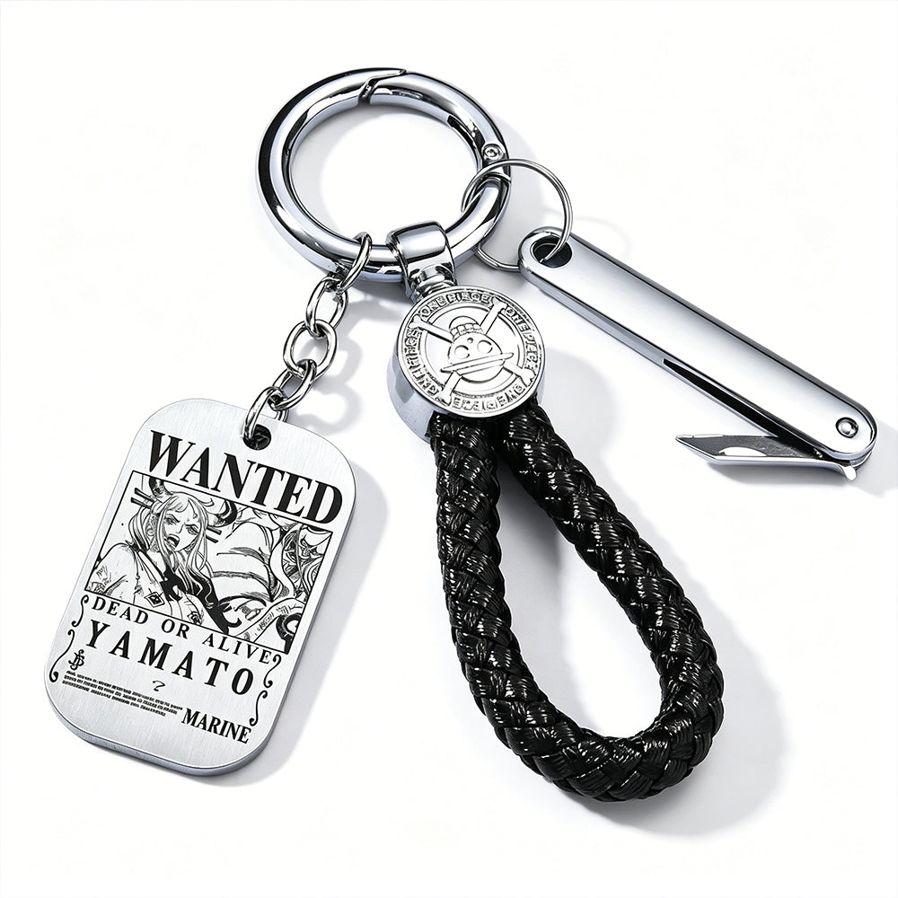 One Piece Monkey D Luffy Anime Wanted Poster Dog Tag Keychain, Stainless Steel Engraved Pendant Key Ring With Braided Rope Mini Knife Collectible Gift Box Key Accessory