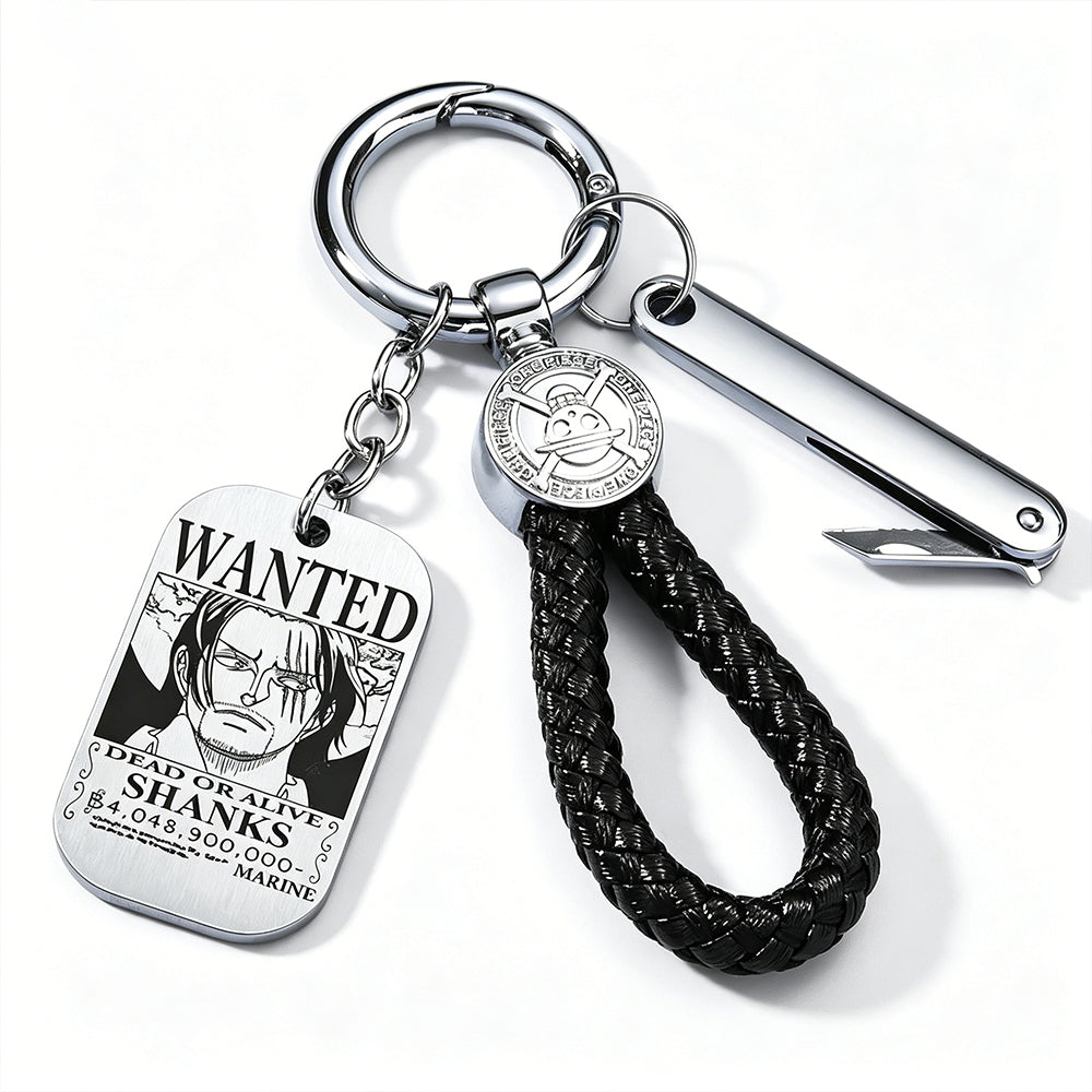 One Piece Monkey D Luffy Anime Wanted Poster Dog Tag Keychain, Stainless Steel Engraved Pendant Key Ring With Braided Rope Mini Knife Collectible Gift Box Key Accessory