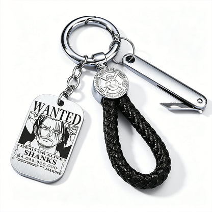 One Piece Monkey D Luffy Anime Wanted Poster Dog Tag Keychain, Stainless Steel Engraved Pendant Key Ring With Braided Rope Mini Knife Collectible Gift Box Key Accessory