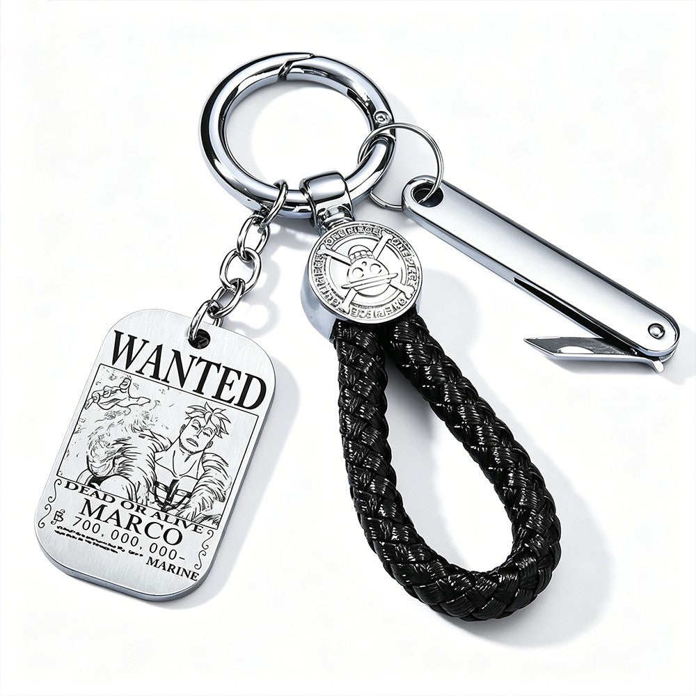 One Piece Monkey D Luffy Anime Wanted Poster Dog Tag Keychain, Stainless Steel Engraved Pendant Key Ring With Braided Rope Mini Knife Collectible Gift Box Key Accessory