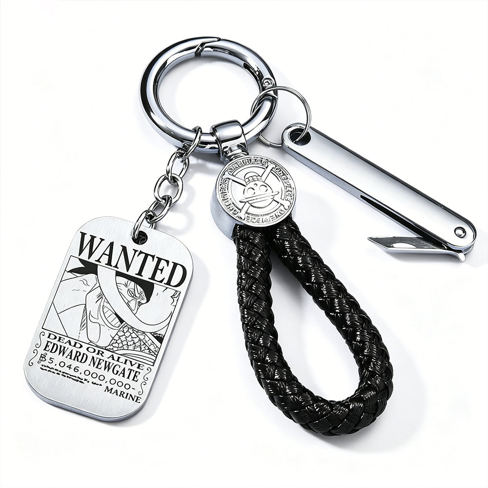 One Piece Monkey D Luffy Anime Wanted Poster Dog Tag Keychain, Stainless Steel Engraved Pendant Key Ring With Braided Rope Mini Knife Collectible Gift Box Key Accessory