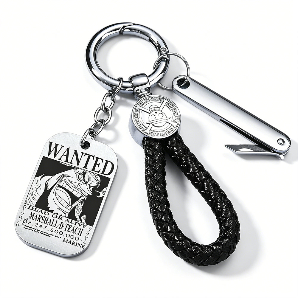 One Piece Monkey D Luffy Anime Wanted Poster Dog Tag Keychain, Stainless Steel Engraved Pendant Key Ring With Braided Rope Mini Knife Collectible Gift Box Key Accessory