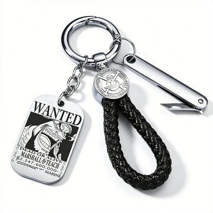 One Piece Monkey D Luffy Anime Wanted Poster Dog Tag Keychain, Stainless Steel Engraved Pendant Key Ring With Braided Rope Mini Knife Collectible Gift Box Key Accessory