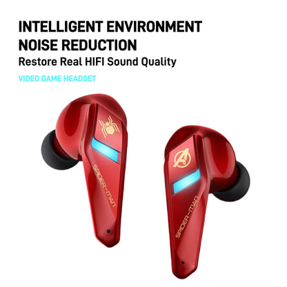 Marvel Spider-Man Iron Man TWS Gaming Bluetooth Earbuds, Low Latency Dual Mode Noise Cancelling Wireless Headphones with RGB Light Charging Case