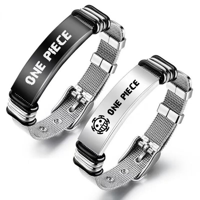 One Piece Monkey D Luffy Roronoa Zoro Engraved Wanted Poster Stainless Steel Mesh Bracelet, Adjustable Anime Wrist Band Jewelry Gift