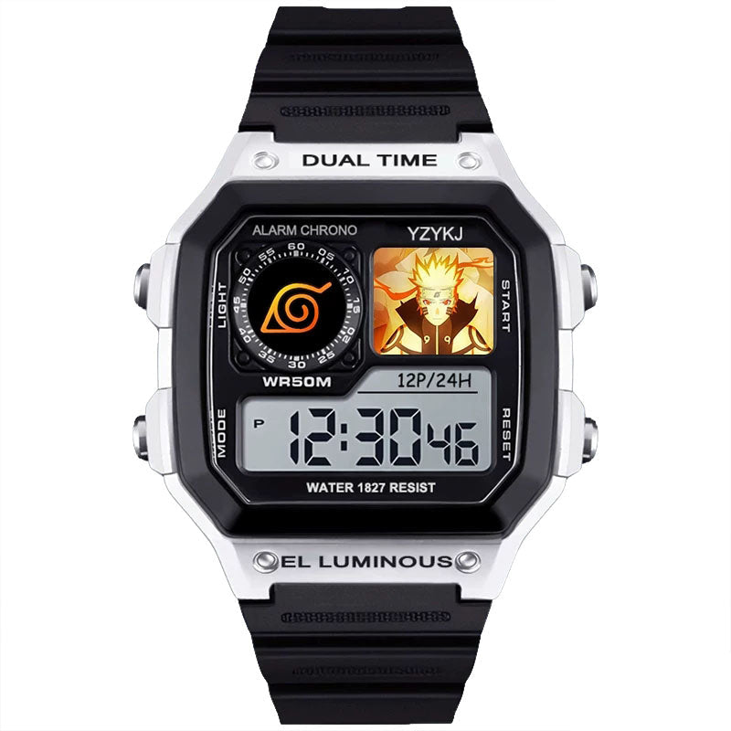 Naruto Sasuke Anime Digital Sports Watch, 30M Waterproof Dual Time EL Backlight Chronograph Wrist Watch