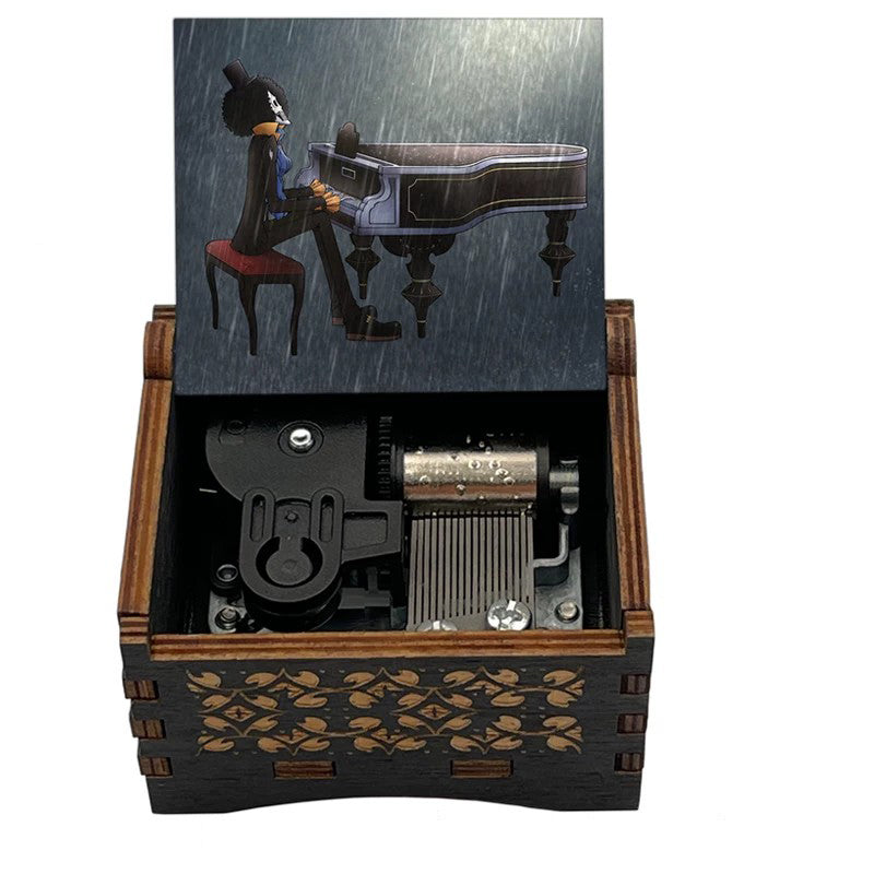 One Piece Luffy Brook Hand Crank Wooden Music Box, Plays Bink's Sake Anime Engraved Musical Gift Box