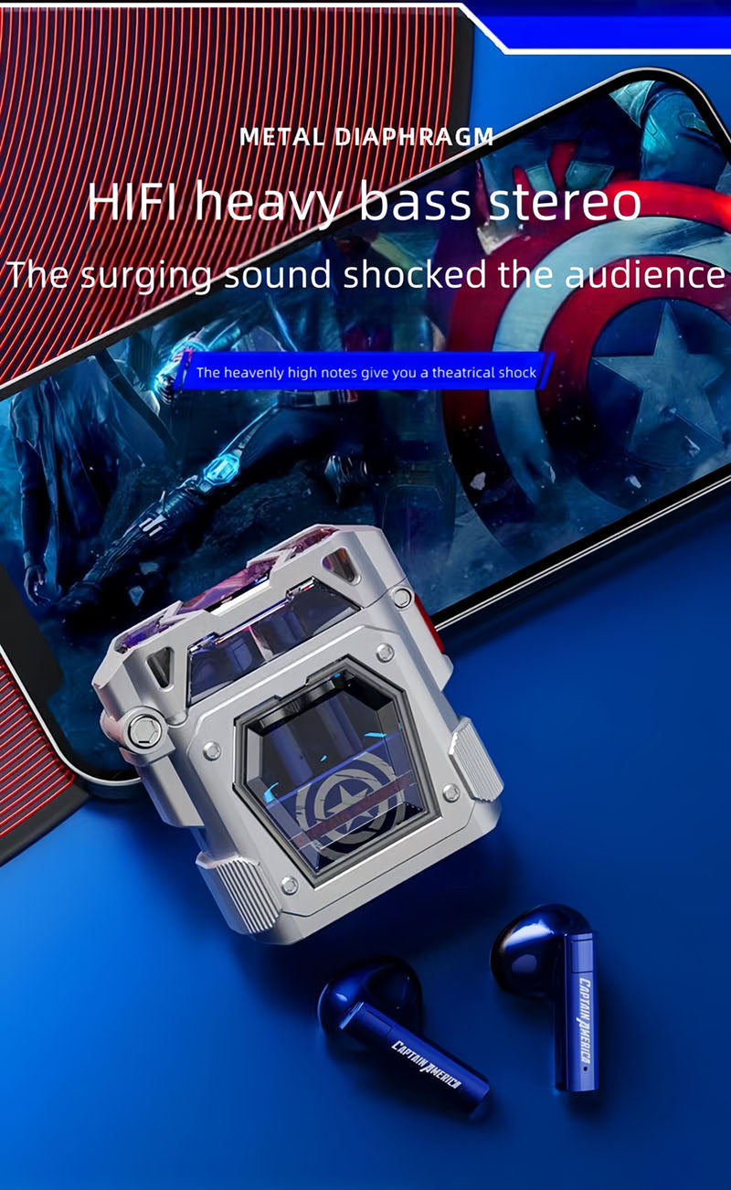 Marvel Iron Man Captain America TWS Wireless Bluetooth 5.3 Earbuds, Mecha Style Protective Charging Case, Low Latency Gaming Semi‑in‑Ear Headset with HiFi Stereo Sound For Anime Fans Daily Use