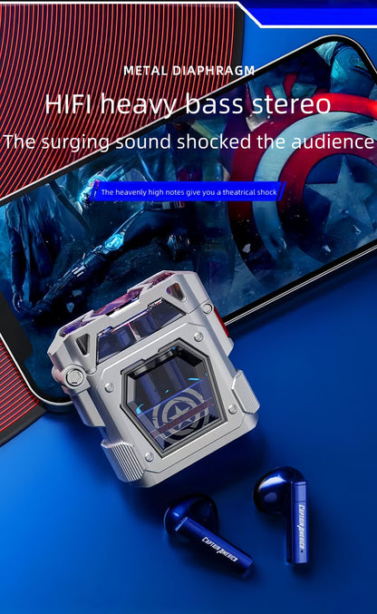 Marvel Iron Man Captain America TWS Wireless Bluetooth 5.3 Earbuds, Mecha Style Protective Charging Case, Low Latency Gaming Semi‑in‑Ear Headset with HiFi Stereo Sound For Anime Fans Daily Use
