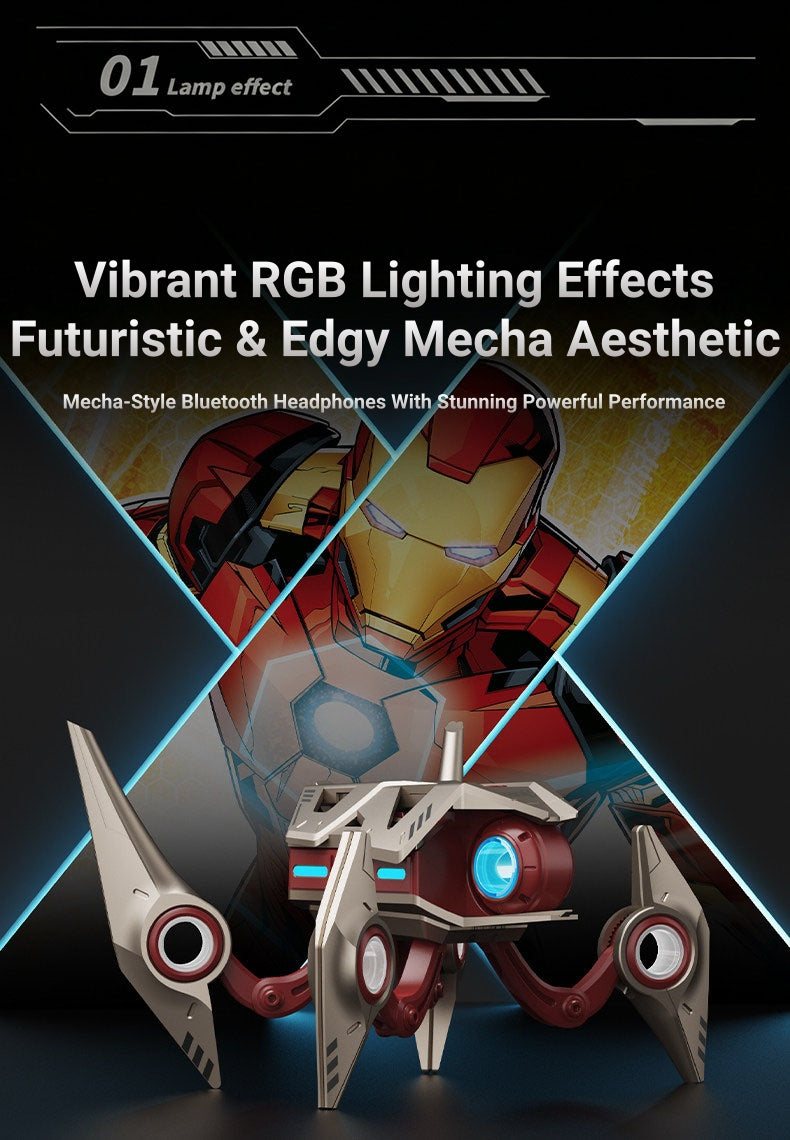 Marvel Avengers Iron Man Wireless Bluetooth 5.4 Headphones, Mecha‑Style TWS Gaming Earbuds With RGB Light, ENC Noise Cancelling, Low Latency Dual Mode Stereo Earphones For Sport Gaming Music