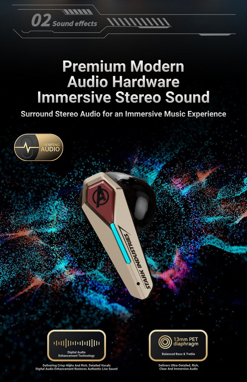 Marvel Avengers Iron Man Wireless Bluetooth 5.4 Headphones, Mecha‑Style TWS Gaming Earbuds With RGB Light, ENC Noise Cancelling, Low Latency Dual Mode Stereo Earphones For Sport Gaming Music