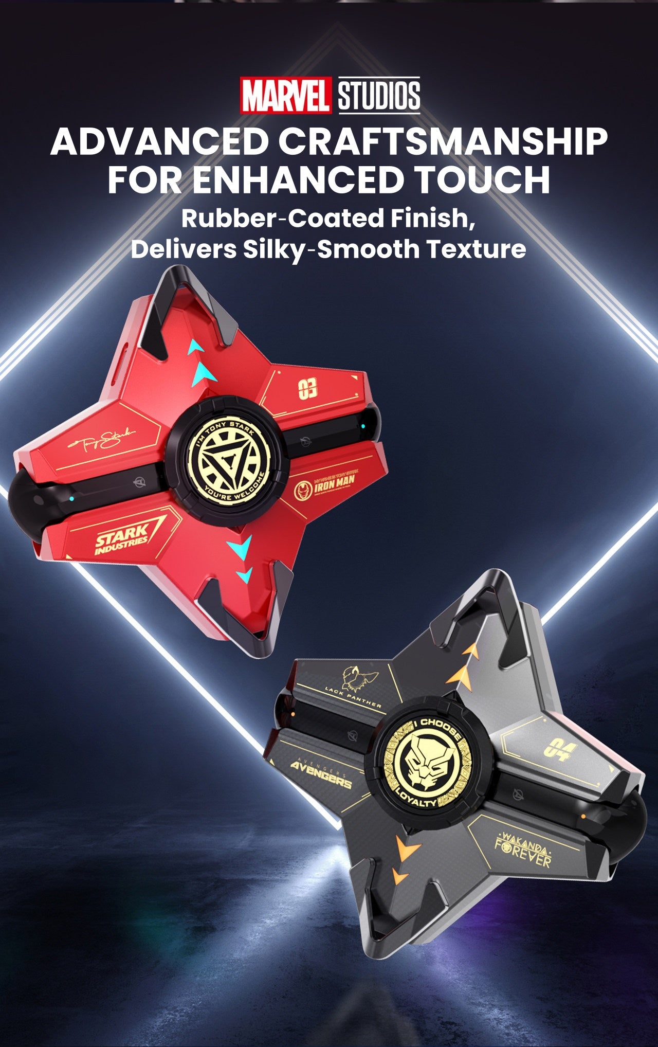 Marvel Iron‑Man Black Panther Spinner Wireless Bluetooth 5.3 Earbuds Fidget Spinner Toy Charging Case Stereo Gaming Headphones With Colorful LED Light For Anime Fans