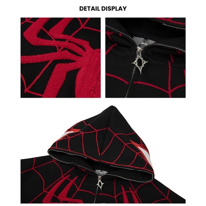 Marvel Spider‑Man Full Zip Hoodie, Spider Web Chenille Embroidery Hooded Sweatshirt With Mask Eyes Design, Oversized Casual Streetwear Jacket For Men Women, Multi‑Color Options, Loose Fit Long Sleeve Cosplay Daily Hooded Coat