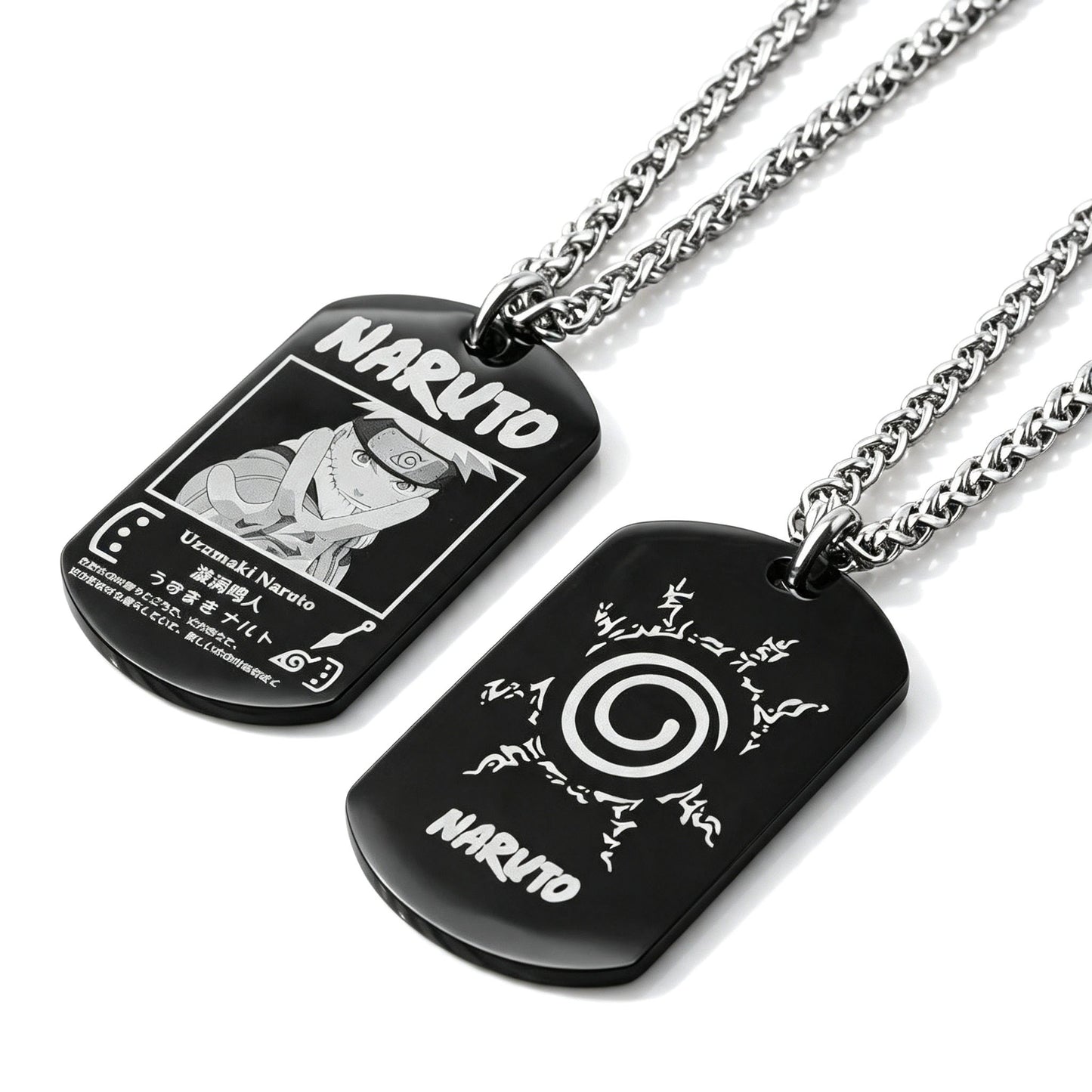 Naruto Anime Characters Double Sided Engraved Dog Tag Necklace, Stainless Steel Black Pendant Chain Necklace, Classic Naruto Shippuden Symbol Jewelry Gifts For Men Teens Anime Fans Cosplay Accessories