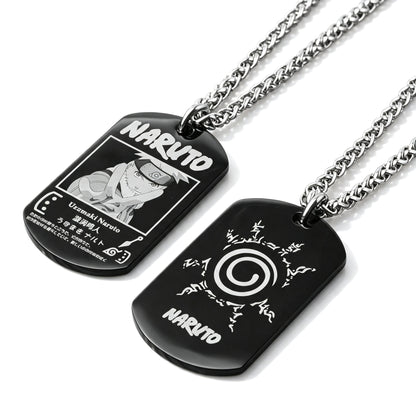 Naruto Anime Characters Double Sided Engraved Dog Tag Necklace, Stainless Steel Black Pendant Chain Necklace, Classic Naruto Shippuden Symbol Jewelry Gifts For Men Teens Anime Fans Cosplay Accessories