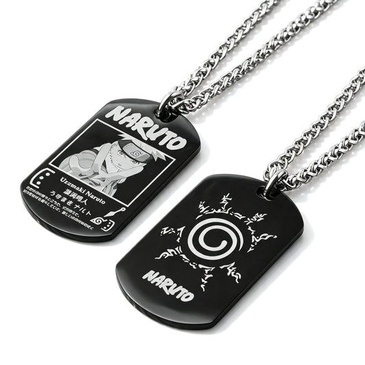 Naruto Anime Characters Double Sided Engraved Dog Tag Necklace, Stainless Steel Black Pendant Chain Necklace, Classic Naruto Shippuden Symbol Jewelry Gifts For Men Teens Anime Fans Cosplay Accessories