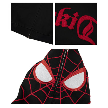 Marvel Spider‑Man Full Zip Hoodie, Spider Web Chenille Embroidery Hooded Sweatshirt With Mask Eyes Design, Oversized Casual Streetwear Jacket For Men Women, Multi‑Color Options, Loose Fit Long Sleeve Cosplay Daily Hooded Coat