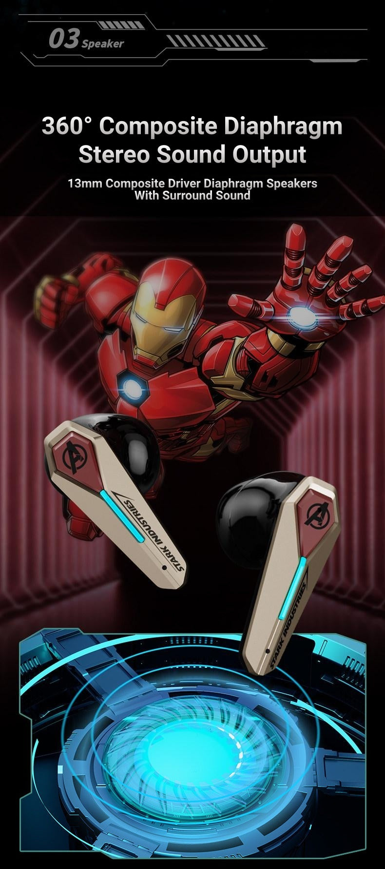 Marvel Avengers Iron Man Wireless Bluetooth 5.4 Headphones, Mecha‑Style TWS Gaming Earbuds With RGB Light, ENC Noise Cancelling, Low Latency Dual Mode Stereo Earphones For Sport Gaming Music