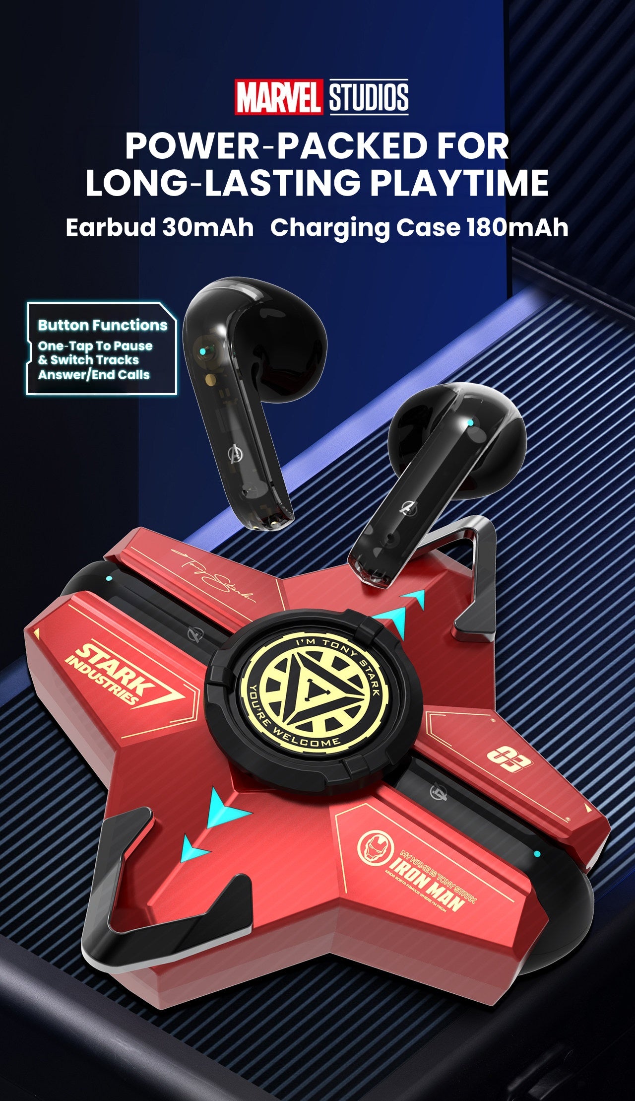 Marvel Iron‑Man Black Panther Spinner Wireless Bluetooth 5.3 Earbuds Fidget Spinner Toy Charging Case Stereo Gaming Headphones With Colorful LED Light For Anime Fans