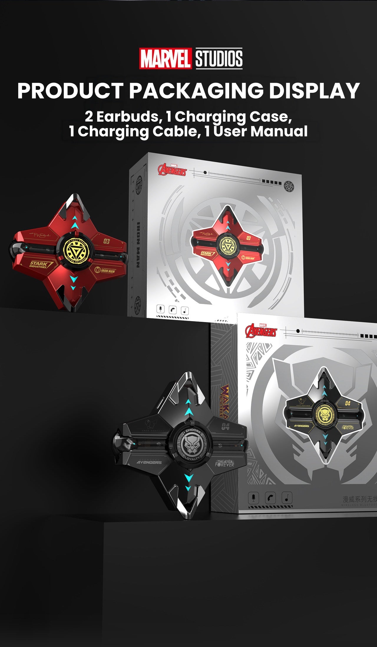 Marvel Iron‑Man Black Panther Spinner Wireless Bluetooth 5.3 Earbuds Fidget Spinner Toy Charging Case Stereo Gaming Headphones With Colorful LED Light For Anime Fans