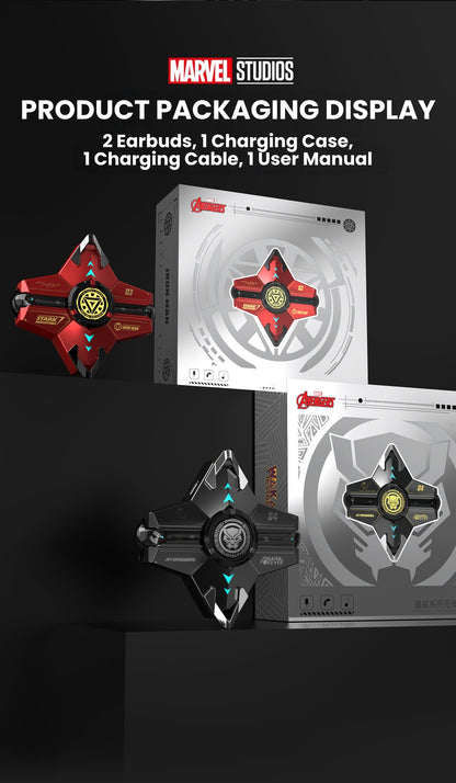 Marvel Iron‑Man Black Panther Spinner Wireless Bluetooth 5.3 Earbuds Fidget Spinner Toy Charging Case Stereo Gaming Headphones With Colorful LED Light For Anime Fans