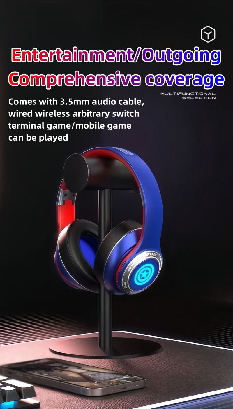 Marvel Iron Man Captain America Over‑Ear Bluetooth Headphones, RGB LED Light Gaming Headset, Bluetooth 5.3, 60MS Low Latency, 40MM Driver, Foldable Wireless Wired Mode Headphones for Game Music