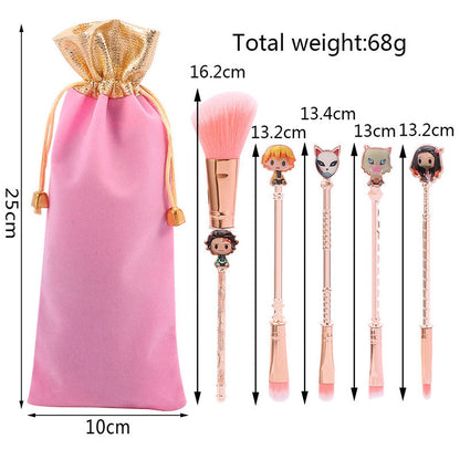 Demon Slayer Tanjiro Nezuko 5Pcs Anime Makeup Brush Set, Rose Gold Cosmetic Brushes with Storage Pouch