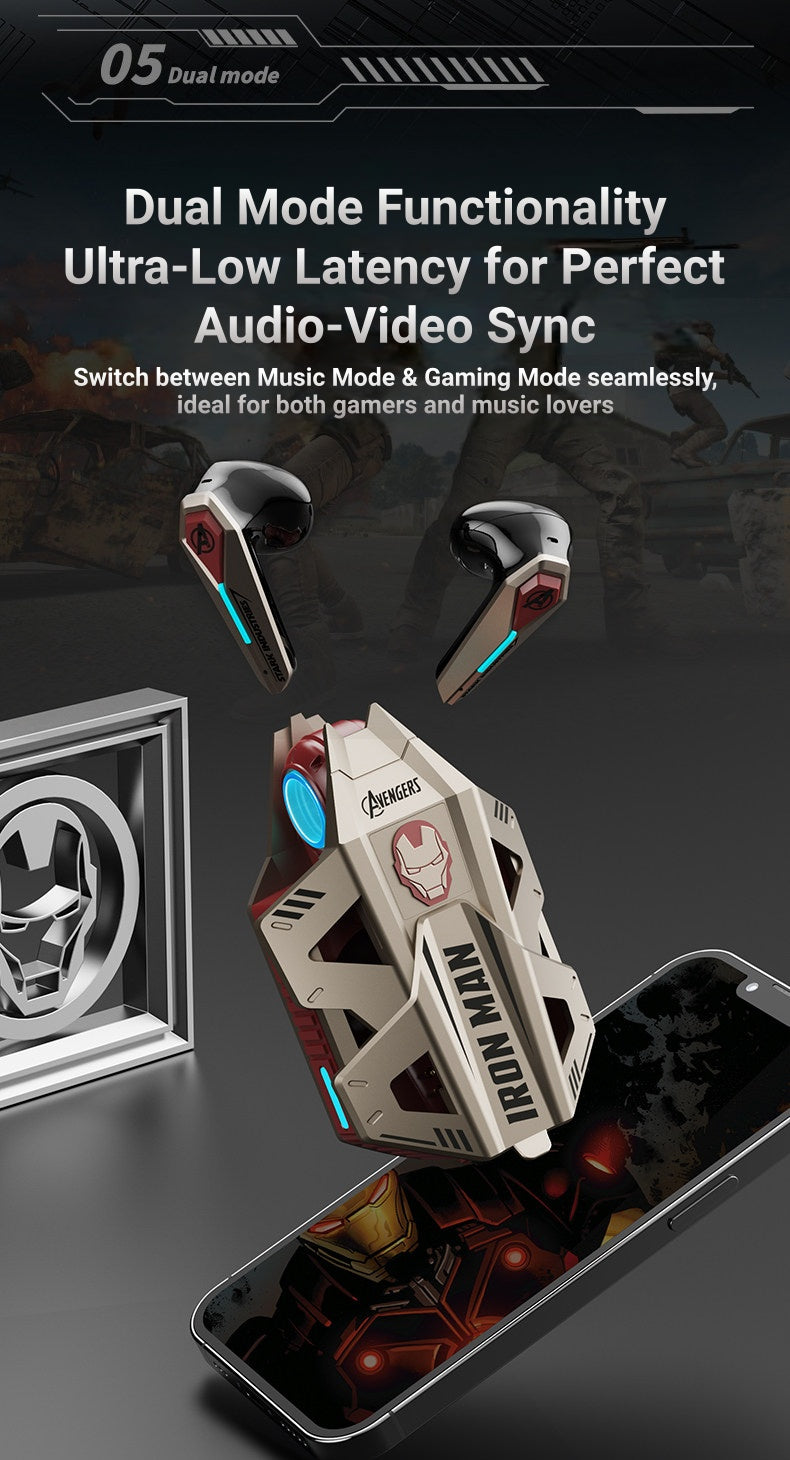 Marvel Avengers Iron Man Wireless Bluetooth 5.4 Headphones, Mecha‑Style TWS Gaming Earbuds With RGB Light, ENC Noise Cancelling, Low Latency Dual Mode Stereo Earphones For Sport Gaming Music