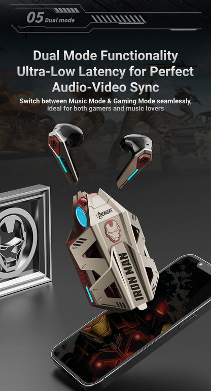 Marvel Avengers Iron Man Wireless Bluetooth 5.4 Headphones, Mecha‑Style TWS Gaming Earbuds With RGB Light, ENC Noise Cancelling, Low Latency Dual Mode Stereo Earphones For Sport Gaming Music