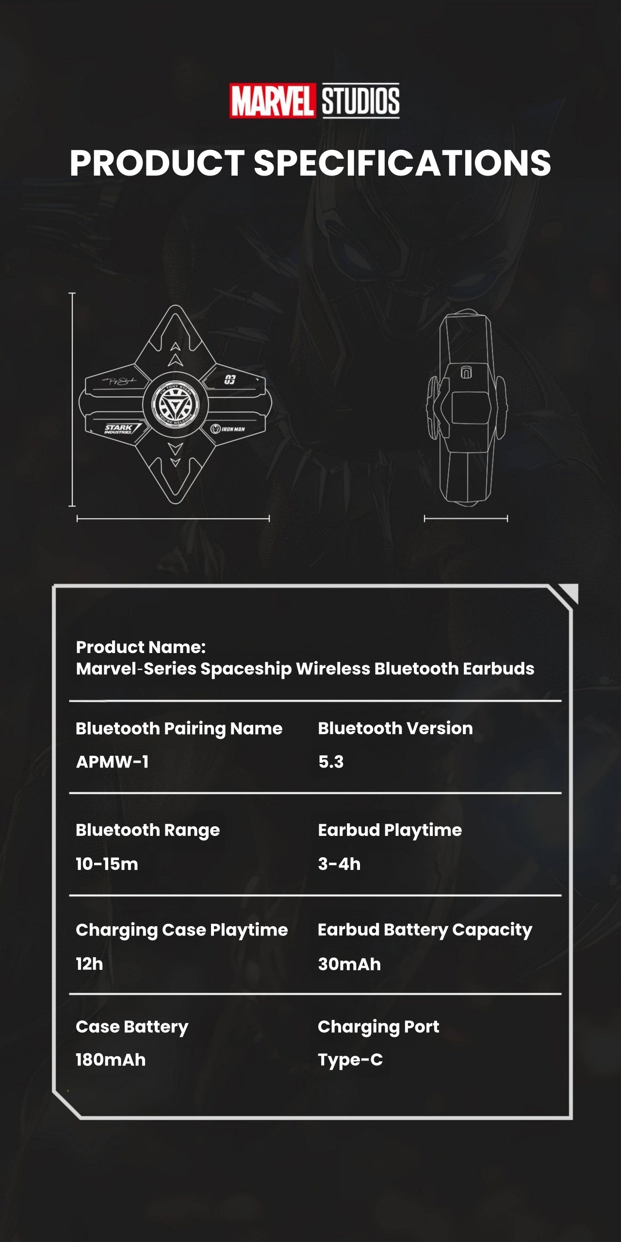 Marvel Iron‑Man Black Panther Spinner Wireless Bluetooth 5.3 Earbuds Fidget Spinner Toy Charging Case Stereo Gaming Headphones With Colorful LED Light For Anime Fans