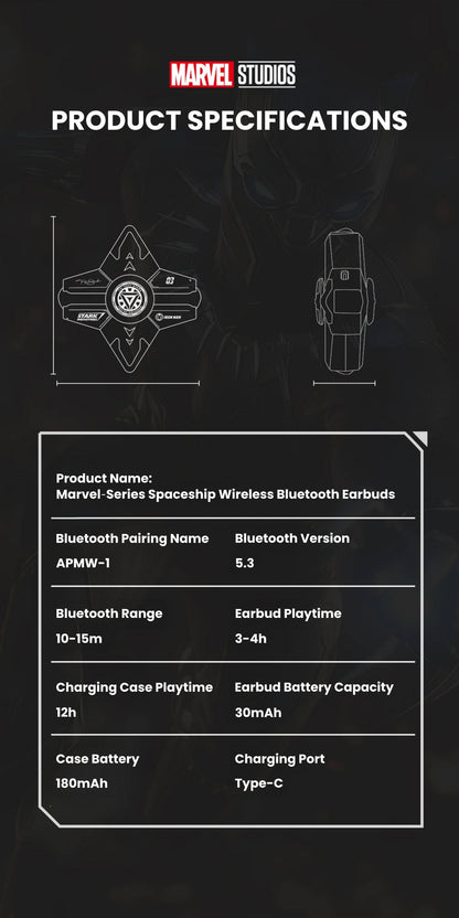 Marvel Iron‑Man Black Panther Spinner Wireless Bluetooth 5.3 Earbuds Fidget Spinner Toy Charging Case Stereo Gaming Headphones With Colorful LED Light For Anime Fans
