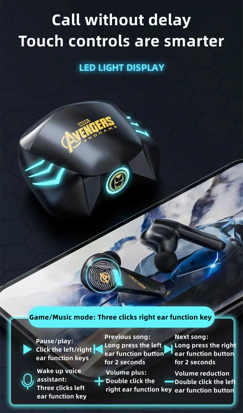 Marvel Spider-Man Iron Man Captain America Gaming Earbuds, Marvel TWS Wireless Headphones with LED Light
