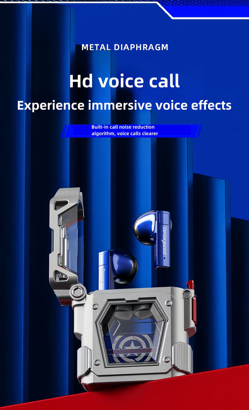 Marvel Iron Man Captain America TWS Wireless Bluetooth 5.3 Earbuds, Mecha Style Protective Charging Case, Low Latency Gaming Semi‑in‑Ear Headset with HiFi Stereo Sound For Anime Fans Daily Use