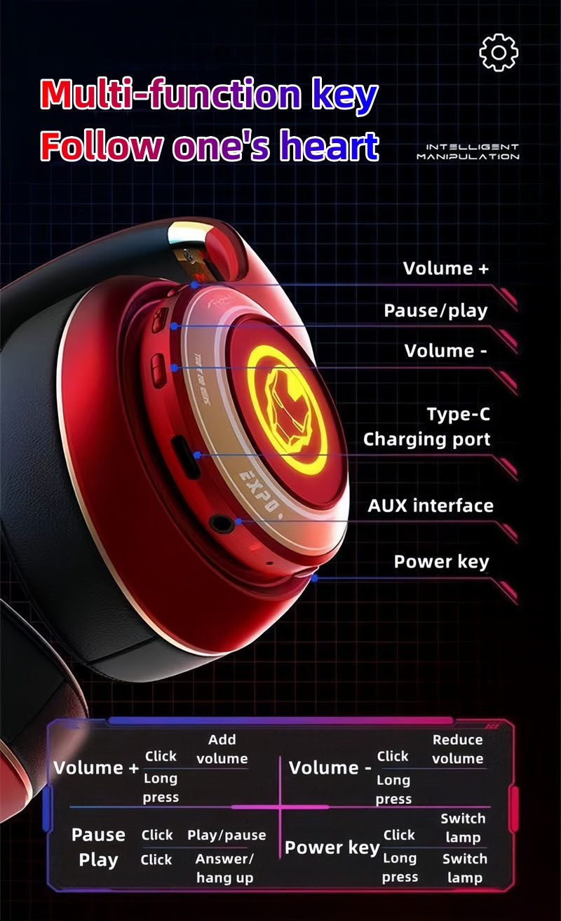 Marvel Iron Man Captain America Over‑Ear Bluetooth Headphones, RGB LED Light Gaming Headset, Bluetooth 5.3, 60MS Low Latency, 40MM Driver, Foldable Wireless Wired Mode Headphones for Game Music