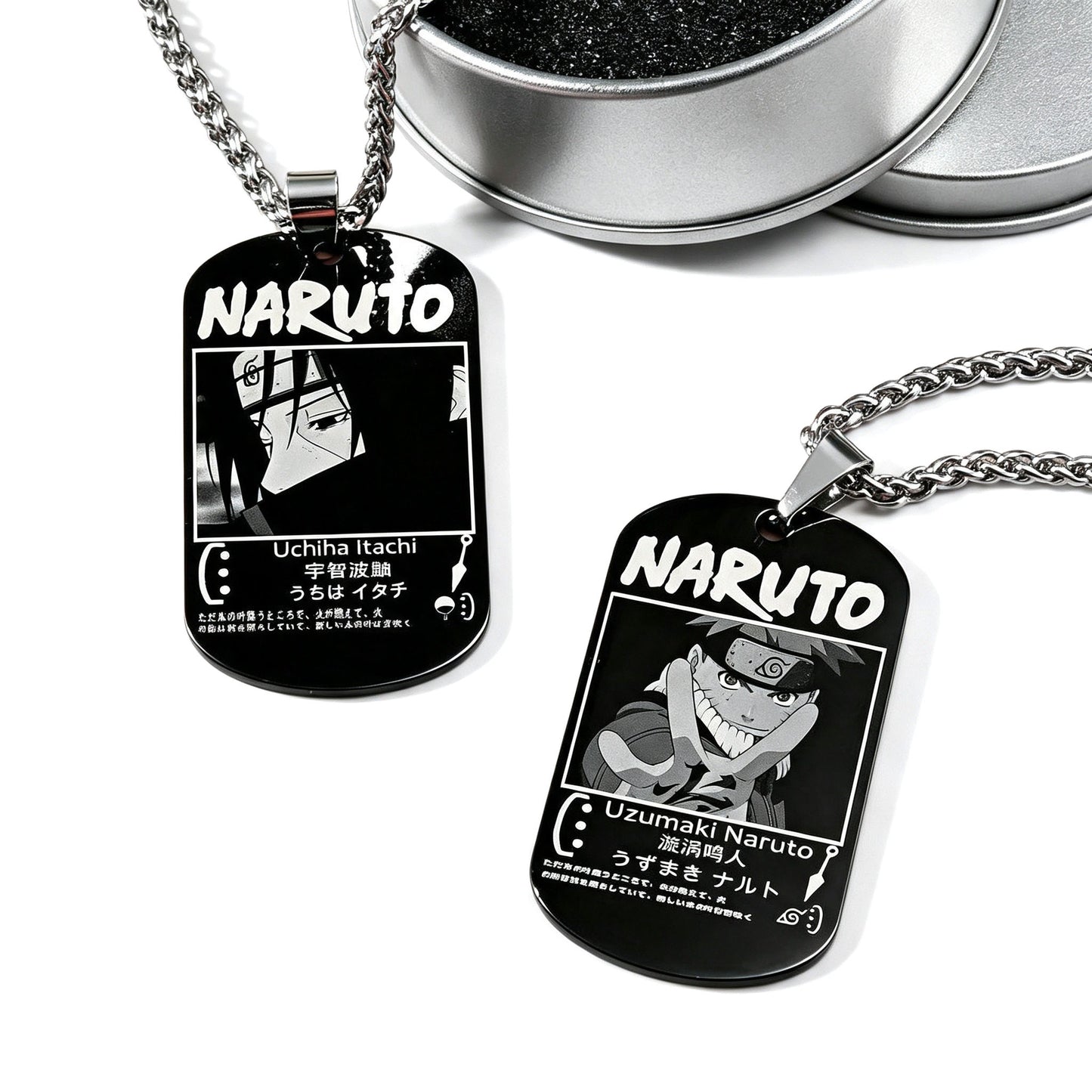 Naruto Anime Characters Double Sided Engraved Dog Tag Necklace, Stainless Steel Black Pendant Chain Necklace, Classic Naruto Shippuden Symbol Jewelry Gifts For Men Teens Anime Fans Cosplay Accessories