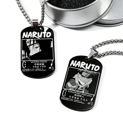 Naruto Anime Characters Double Sided Engraved Dog Tag Necklace, Stainless Steel Black Pendant Chain Necklace, Classic Naruto Shippuden Symbol Jewelry Gifts For Men Teens Anime Fans Cosplay Accessories
