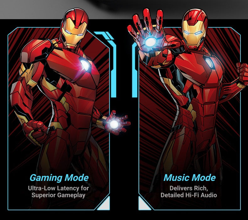 Marvel Avengers Iron Man Wireless Bluetooth 5.4 Headphones, Mecha‑Style TWS Gaming Earbuds With RGB Light, ENC Noise Cancelling, Low Latency Dual Mode Stereo Earphones For Sport Gaming Music