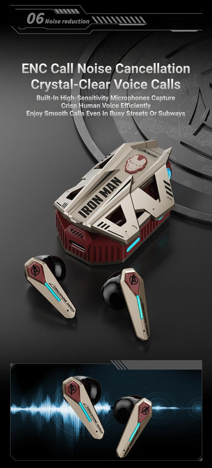 Marvel Avengers Iron Man Wireless Bluetooth 5.4 Headphones, Mecha‑Style TWS Gaming Earbuds With RGB Light, ENC Noise Cancelling, Low Latency Dual Mode Stereo Earphones For Sport Gaming Music
