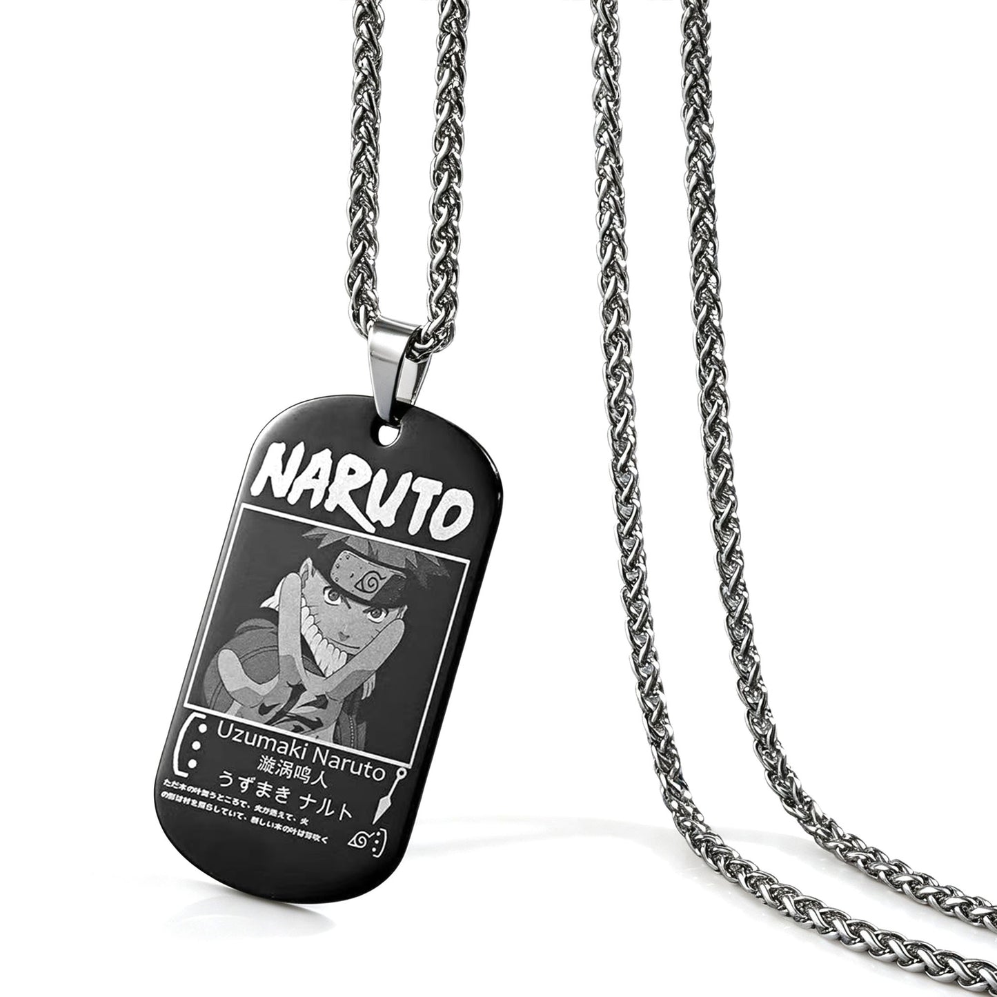 Naruto Anime Characters Double Sided Engraved Dog Tag Necklace, Stainless Steel Black Pendant Chain Necklace, Classic Naruto Shippuden Symbol Jewelry Gifts For Men Teens Anime Fans Cosplay Accessories