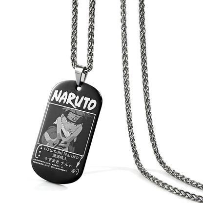 Naruto Anime Characters Double Sided Engraved Dog Tag Necklace, Stainless Steel Black Pendant Chain Necklace, Classic Naruto Shippuden Symbol Jewelry Gifts For Men Teens Anime Fans Cosplay Accessories