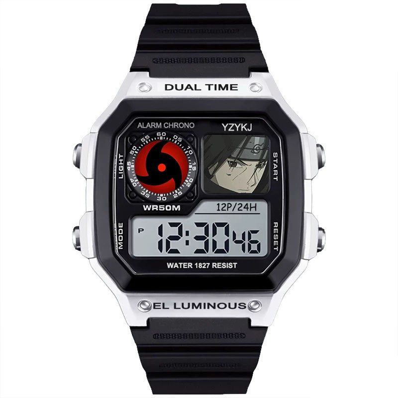 Naruto Sasuke Anime Digital Sports Watch, 30M Waterproof Dual Time EL Backlight Chronograph Wrist Watch